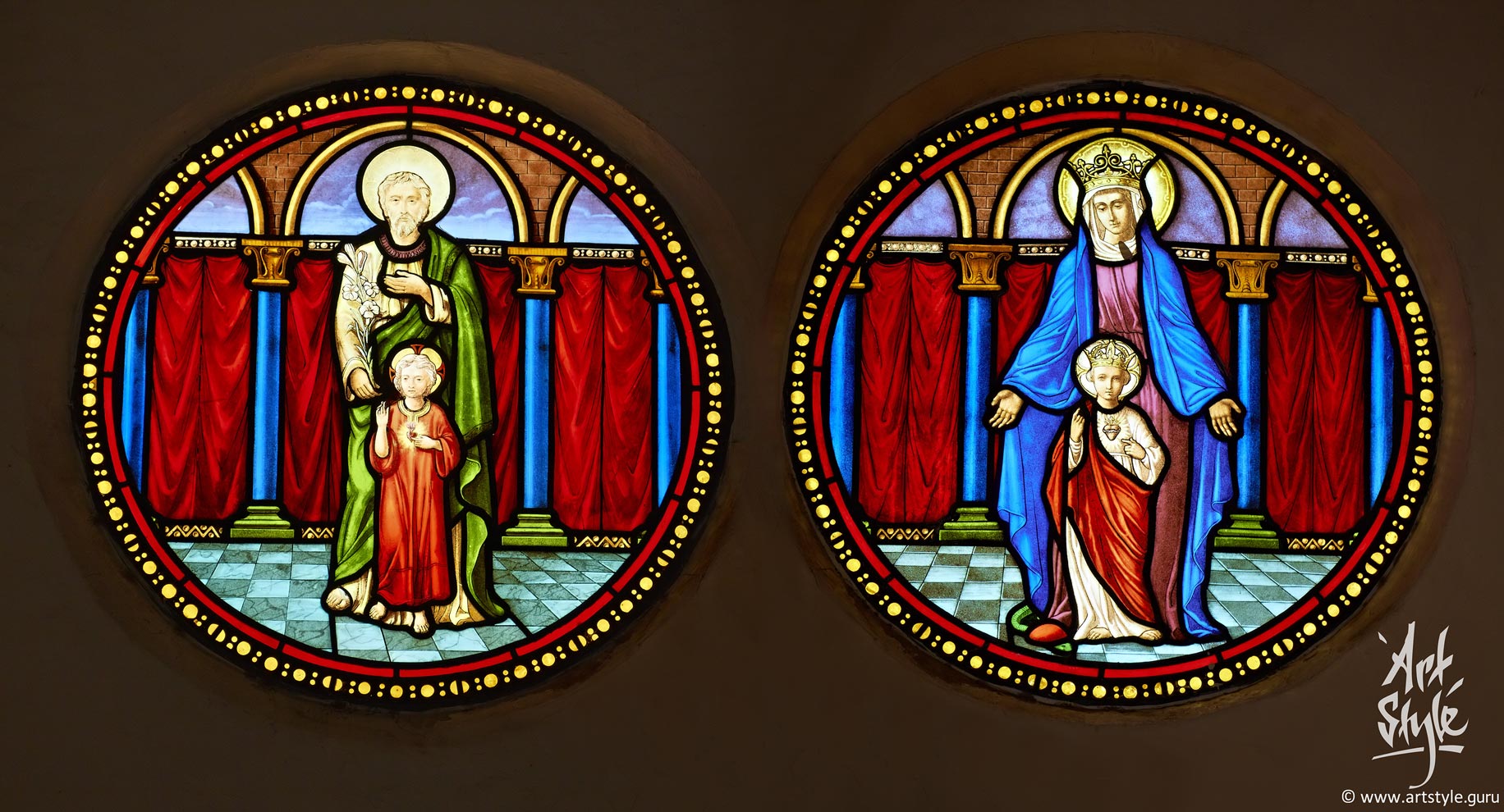 Stained glass at catholic Cathedral of the Sacred Heart, Vientiane, Laos.
