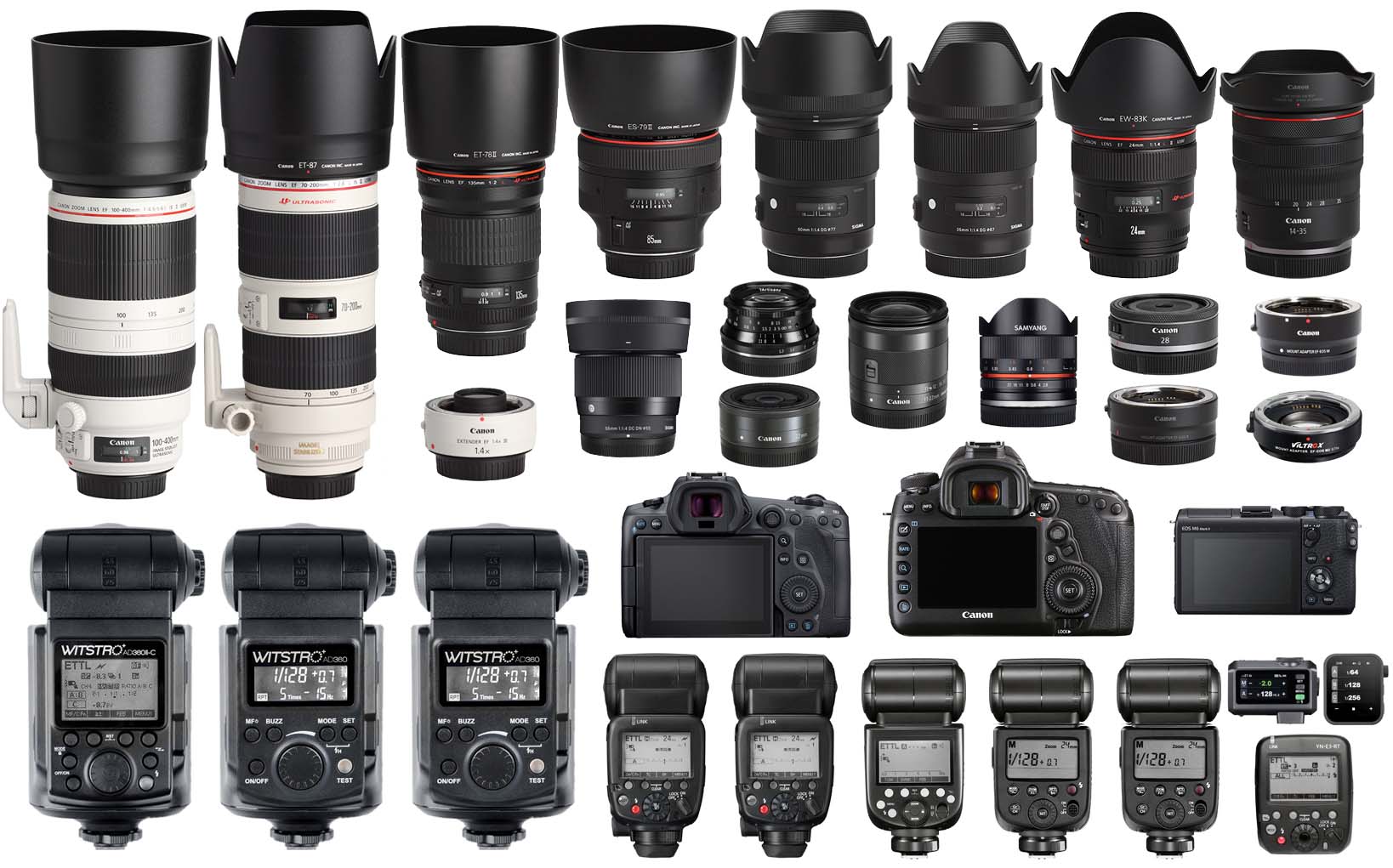 My photo equipment — Canon cameras, lenses and flashes laid out