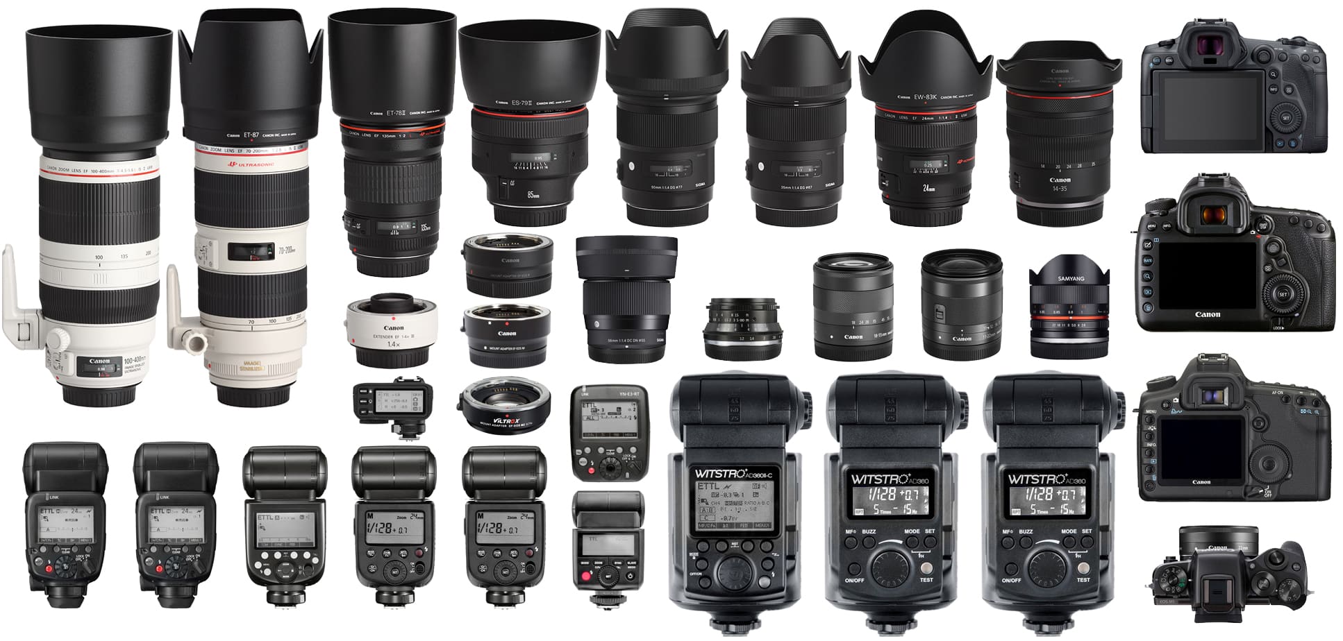 My photo equipment — Canon cameras, lenses and flashes laid out