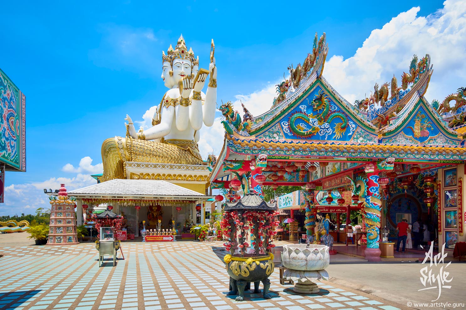 Brahma srine behind Guanin shrine, Wat Saman Rattanaram, Chachoengsao, Thailand.