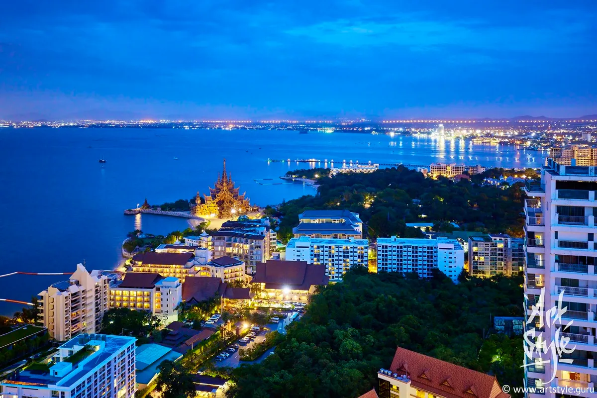 View to the Wongamat beach and the Sanctuary of Truth. Naklua, Pattaya, Thailand.