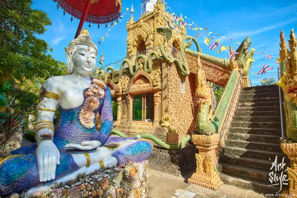 Wat Rattananettharam, Prachinburi, Thailand. The temple is entirely decorated with real seashells of varied shapes, sizes and textures.